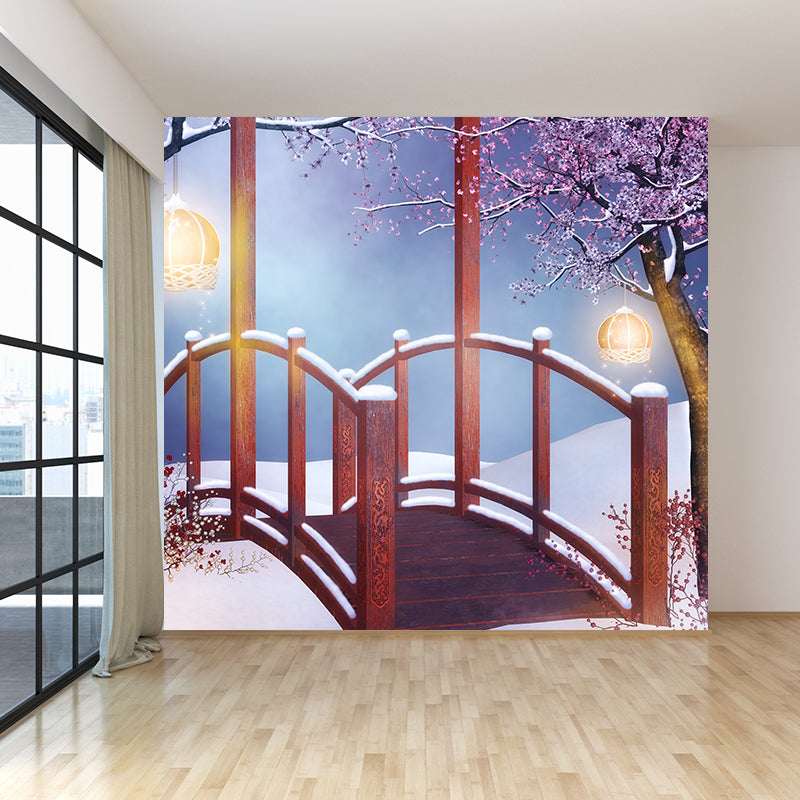 Giant Modern Wall Mural in Red Flower and Bridge Wall Art, Custom Size Available Red Clearhalo 'Wall Decor' 'Wall Mural' 1596050