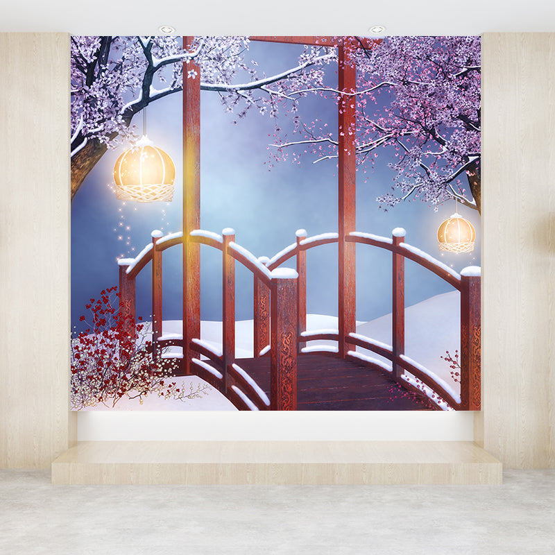 Giant Modern Wall Mural in Red Flower and Bridge Wall Art, Custom Size Available Clearhalo 'Wall Decor' 'Wall Mural' 1596052