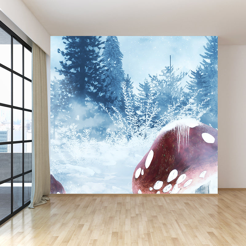 Full Size Illustration Modern Mural Decal with Snowy Trees and Mushrooms in Blue Blue Clearhalo 'Wall Decor' 'Wall Mural' 1596060