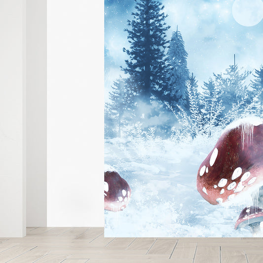 Full Size Illustration Modern Mural Decal with Snowy Trees and Mushrooms in Blue Clearhalo 'Wall Decor' 'Wall Mural' 1596062