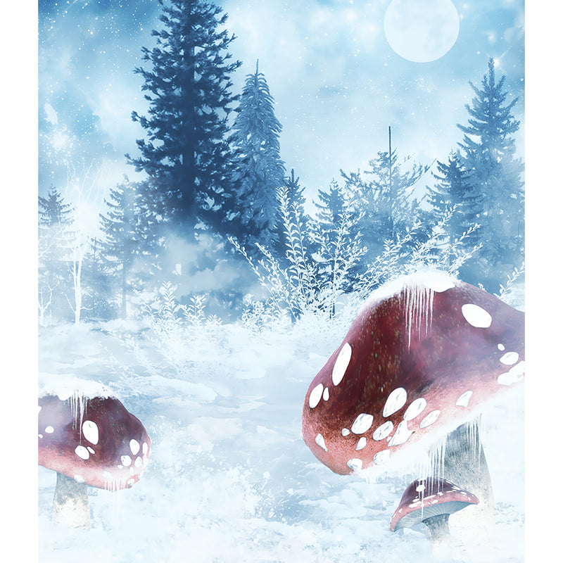 Full Size Illustration Modern Mural Decal with Snowy Trees and Mushrooms in Blue Clearhalo 'Wall Decor' 'Wall Mural' 1596063