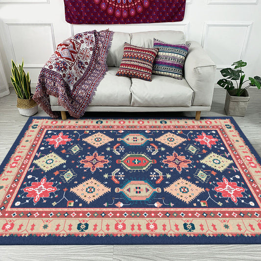 Southwestern Living Room Rug in Blue Tribal Geometric Print Rug Polyester Washable Area Rug Blue