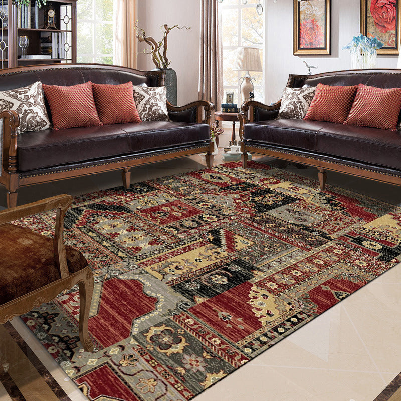 Red and Brown Bedroom Rug Southwestern Geometry Floral Pattern Area Rug Polyester Non-Slip Carpet Red Clearhalo 'Area Rug' 'Rugs' 'Southwestern' Rug' 1596472