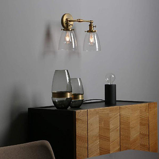 Clear Glass Brass Sconce Light Conical 2-Light Industrial Wall Lamp Fixture for Foyer Clear Clearhalo 'Cast Iron' 'Glass' 'Industrial wall lights' 'Industrial' 'Middle century wall lights' 'Modern' 'Tiffany' 'Traditional wall lights' 'Wall Lamps & Sconces' 'Wall Lights' Lighting' 159647