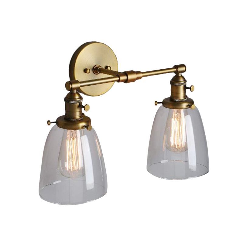 Clear Glass Brass Sconce Light Conical 2-Light Industrial Wall Lamp Fixture for Foyer Clearhalo 'Cast Iron' 'Glass' 'Industrial wall lights' 'Industrial' 'Middle century wall lights' 'Modern' 'Tiffany' 'Traditional wall lights' 'Wall Lamps & Sconces' 'Wall Lights' Lighting' 159649