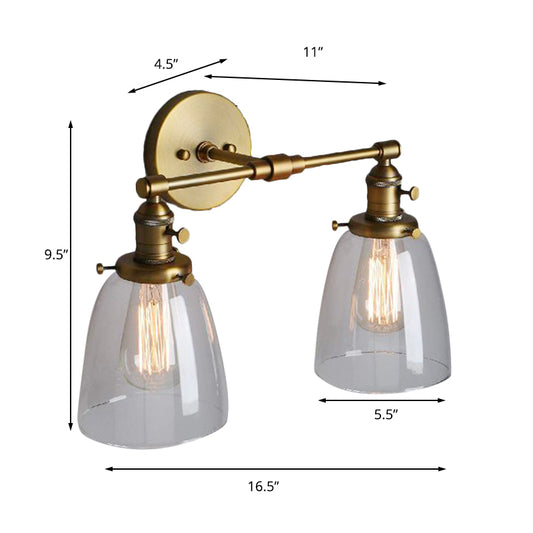 Clear Glass Brass Sconce Light Conical 2-Light Industrial Wall Lamp Fixture for Foyer Clearhalo 'Cast Iron' 'Glass' 'Industrial wall lights' 'Industrial' 'Middle century wall lights' 'Modern' 'Tiffany' 'Traditional wall lights' 'Wall Lamps & Sconces' 'Wall Lights' Lighting' 159650