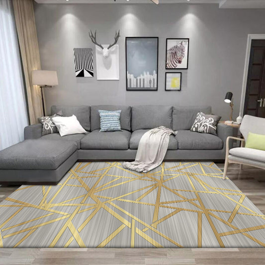 Modern Novelty Rug in Grey Geometry Lines Pattern Rug Polyester Washable Non-Slip Backing Carpet for Home Decoration