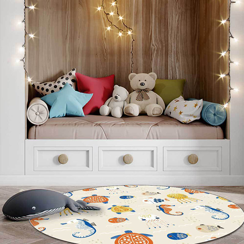 Casual Kids Rug in Ivory Animal Turtle Jellyfish Hippocampus Pattern Rug Polyester Washable Carpet for Nursery Beige Clearhalo 'Area Rug' 'Rug' 1596592