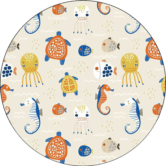 Casual Kids Rug in Ivory Animal Turtle Jellyfish Hippocampus Pattern Rug Polyester Washable Carpet for Nursery
