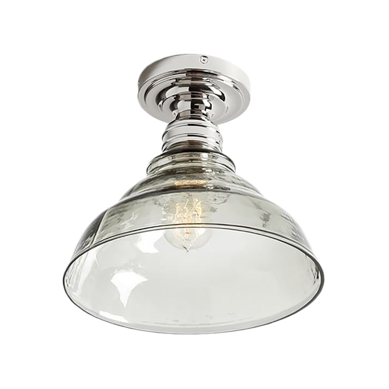 1 Light Bowl Shade Semi Flush Light Industrial Black/Chrome Clear Glass Ceiling Mount for Living Room Clearhalo 'Ceiling Lights' 'Close To Ceiling Lights' 'Close to ceiling' 'Glass shade' 'Glass' 'Semi-flushmount' Lighting' 159668