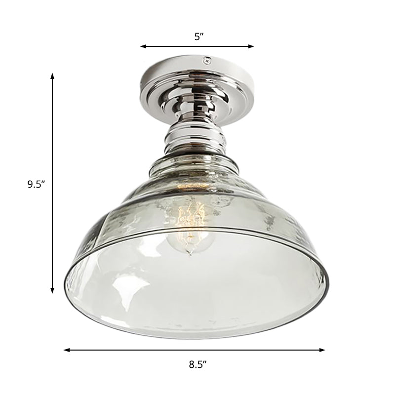 1 Light Bowl Shade Semi Flush Light Industrial Black/Chrome Clear Glass Ceiling Mount for Living Room Clearhalo 'Ceiling Lights' 'Close To Ceiling Lights' 'Close to ceiling' 'Glass shade' 'Glass' 'Semi-flushmount' Lighting' 159669