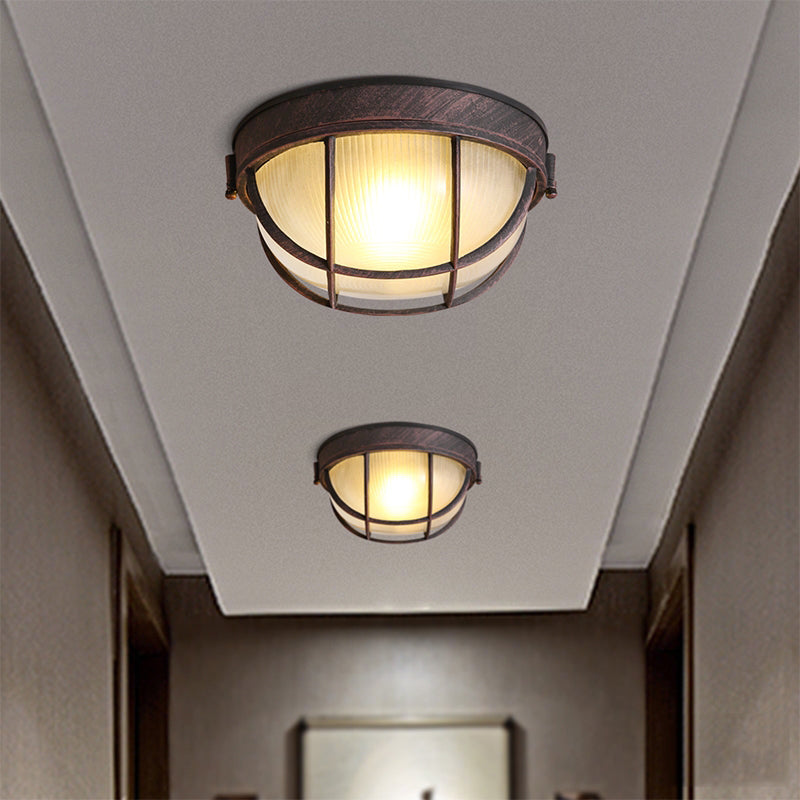 Rust Single Light Ceiling Lighting Rustic Ribbed Glass Dome Flush Fixture with Cage Clearhalo 'Ceiling Lights' 'Close To Ceiling Lights' 'Close to ceiling' 'Flush mount' 'Industrial Flush Mount' Lighting' 159673