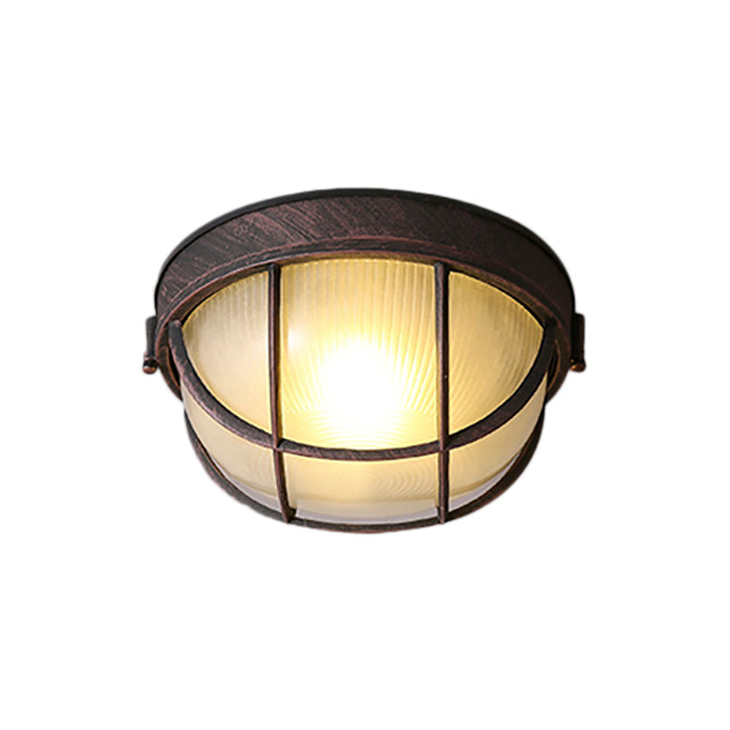 Rust Single Light Ceiling Lighting Rustic Ribbed Glass Dome Flush Fixture with Cage Clearhalo 'Ceiling Lights' 'Close To Ceiling Lights' 'Close to ceiling' 'Flush mount' 'Industrial Flush Mount' Lighting' 159674