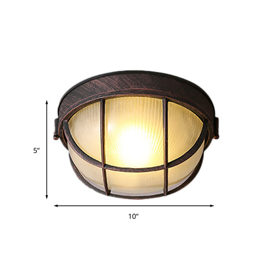 Rust Single Light Ceiling Lighting Rustic Ribbed Glass Dome Flush Fixture with Cage Clearhalo 'Ceiling Lights' 'Close To Ceiling Lights' 'Close to ceiling' 'Flush mount' 'Industrial Flush Mount' Lighting' 159675