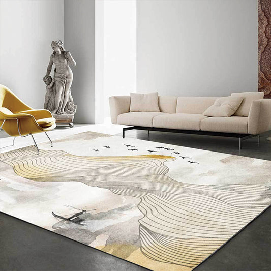Yellow Oriental Rug Polyester Swirl Stripe Bird Character Pattern Rug Washable Non-Slip Backing Carpet for Living Room Yellow Clearhalo 'Area Rug' 'Modern' 'Rugs' Rug' 1597269