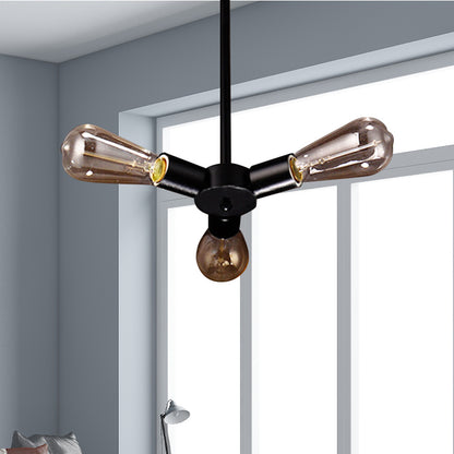 3/4/5 Lights Bare Bulb Chandelier Light Vintage Black Finish Metal Ceiling Light with Hanging Rod for Bar 3 Black Clearhalo 'Cast Iron' 'Ceiling Lights' 'Chandeliers' 'Industrial Chandeliers' 'Industrial' 'Metal' 'Middle Century Chandeliers' 'Rustic Chandeliers' 'Tiffany' Lighting' 159727