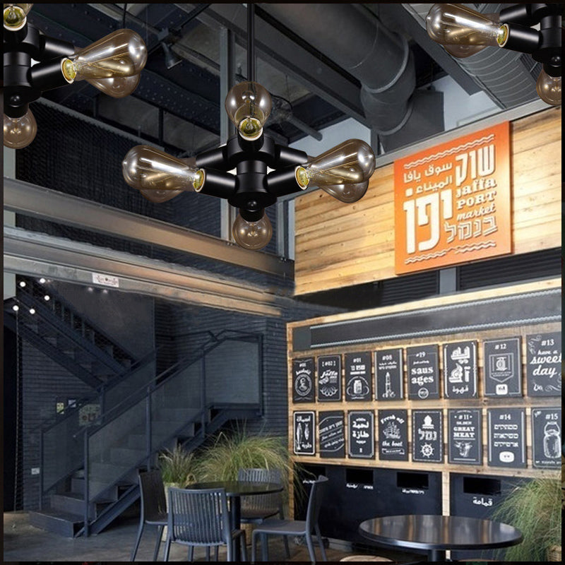 3/4/5 Lights Bare Bulb Chandelier Light Vintage Black Finish Metal Ceiling Light with Hanging Rod for Bar 6 Black Clearhalo 'Cast Iron' 'Ceiling Lights' 'Chandeliers' 'Industrial Chandeliers' 'Industrial' 'Metal' 'Middle Century Chandeliers' 'Rustic Chandeliers' 'Tiffany' Lighting' 159739