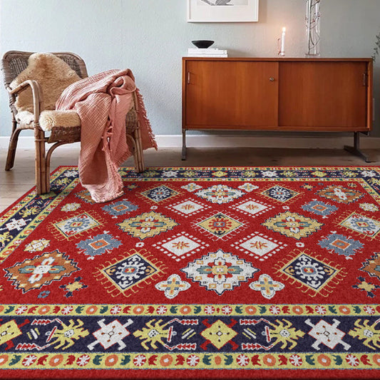 Southwestern Living Room Rug in Red Diamond Print Rug Polyester Anti-Slip Pet Friendly Area Rug