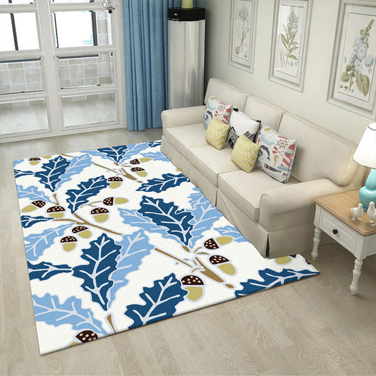 Blue and White Contemporary Rug Polyester Leaf and Pine Cone Pattern Rug Washable Non-Slip Backing Area Rug for Living Room Blue Clearhalo 'Area Rug' 'French Country' 'Rugs' Rug' 1597558