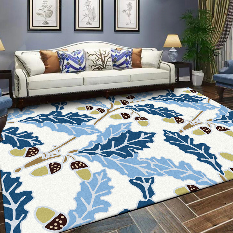 Blue and White Contemporary Rug Polyester Leaf and Pine Cone Pattern Rug Washable Non-Slip Backing Area Rug for Living Room Clearhalo 'Area Rug' 'French Country' 'Rugs' Rug' 1597559