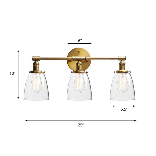 3-Bulb Cone Wall Mounted Light Fixture Industrial Brass Clear Glass Lighting for Restaurant Clearhalo 'Cast Iron' 'Glass' 'Industrial wall lights' 'Industrial' 'Middle century wall lights' 'Modern' 'Tiffany' 'Traditional wall lights' 'Wall Lamps & Sconces' 'Wall Lights' Lighting' 159756