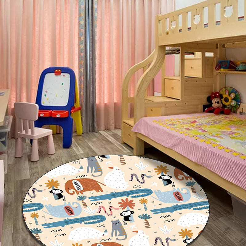 Ivory Child's Room Rug Kids Animal Elephant Monkey Crocodile Pattern Area Rug Polyester Pet Friendly Carpet Apricot Clearhalo 'Area Rug' 'Rug' 1597590