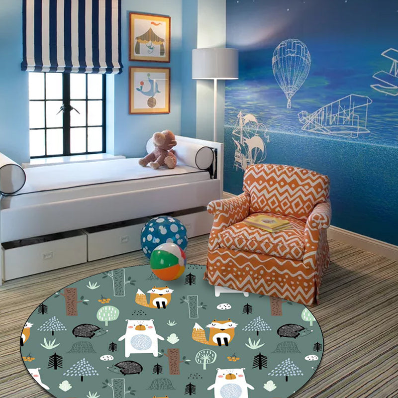 Kids Bedroom Rug in Green Animal Fox Bear Tree Print Rug Polyester Pet Friendly Area Rug Green Clearhalo 'Area Rug' 'Rug' 1597598