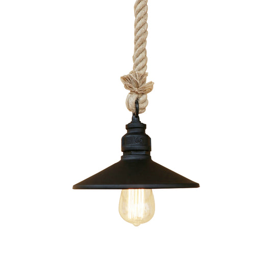Black 1 Bulb Pendant Lamp Antique Stylish Metallic Cone Shade Hanging Light with Rope for Farmhouse Clearhalo 'Art Deco Pendants' 'Black' 'Cast Iron' 'Ceiling Lights' 'Ceramic' 'Crystal' 'Industrial Pendants' 'Industrial' 'Metal' 'Middle Century Pendants' 'Pendant Lights' 'Pendants' 'Rustic Pendants' 'Tiffany' Lighting' 159760
