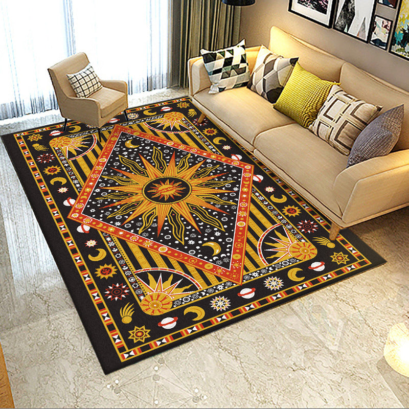 Tribal Southwestern Rug In Black And Yellow Sun Moon Diamond Pattern Polyester Washable Carpet For Home Decoration Clearhalo