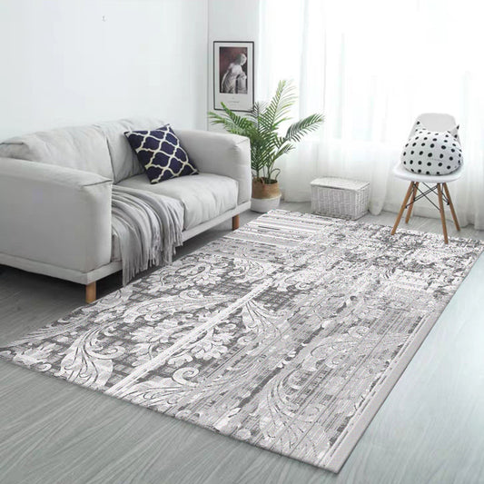 Classic Paisley Pattern Rug Grey Vintage Rug Polyester Washable Anti-Slip Backing Area Rug for Bedroom Grey
