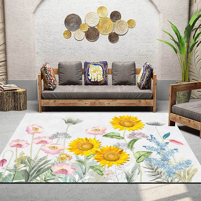 French Country Rug in White and Yellow Polyester Floral and Leaf Pattern Rug Washable Non-Slip Backing Area Rug for Living Room Clearhalo 'Area Rug' 'French Country' 'Rugs' Rug' 1598106