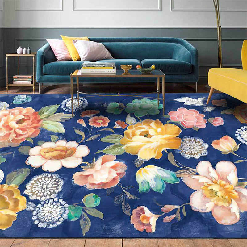 Retro Floral Pattern Rug Blue Multicolor French Country Rug Polyester Washable Anti-Slip Backing Carpet for Living Room Clearhalo 'Area Rug' 'French Country' 'Rugs' Rug' 1598114