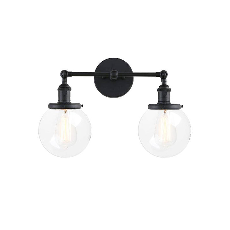 Round Living Room Wall Light Fixture Industrial Clear Glass 2-Light Black/Brass Sconce Lamp for Study Room Clearhalo 'Cast Iron' 'Glass' 'Industrial wall lights' 'Industrial' 'Middle century wall lights' 'Modern' 'Tiffany' 'Traditional wall lights' 'Wall Lamps & Sconces' 'Wall Lights' Lighting' 159812