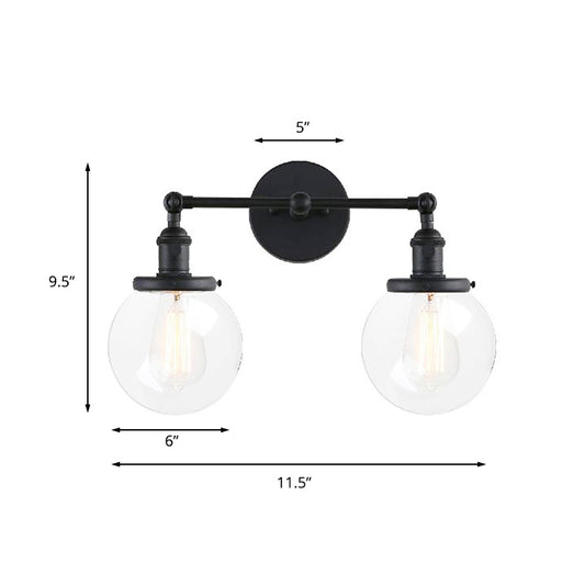 Round Living Room Wall Light Fixture Industrial Clear Glass 2-Light Black/Brass Sconce Lamp for Study Room Clearhalo 'Cast Iron' 'Glass' 'Industrial wall lights' 'Industrial' 'Middle century wall lights' 'Modern' 'Tiffany' 'Traditional wall lights' 'Wall Lamps & Sconces' 'Wall Lights' Lighting' 159813