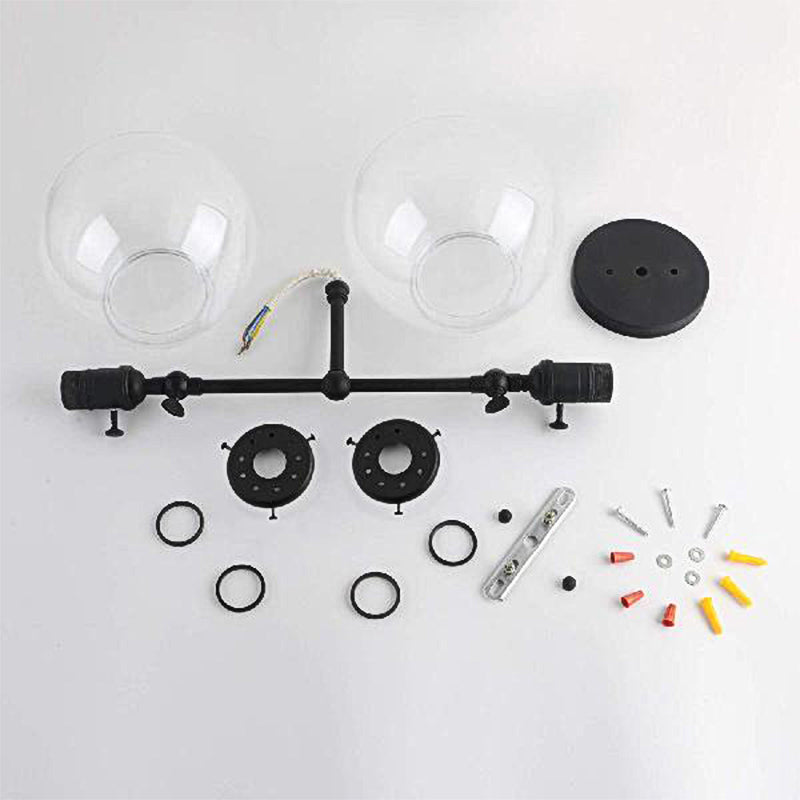 Round Living Room Wall Light Fixture Industrial Clear Glass 2-Light Black/Brass Sconce Lamp for Study Room Clearhalo 'Cast Iron' 'Glass' 'Industrial wall lights' 'Industrial' 'Middle century wall lights' 'Modern' 'Tiffany' 'Traditional wall lights' 'Wall Lamps & Sconces' 'Wall Lights' Lighting' 159814