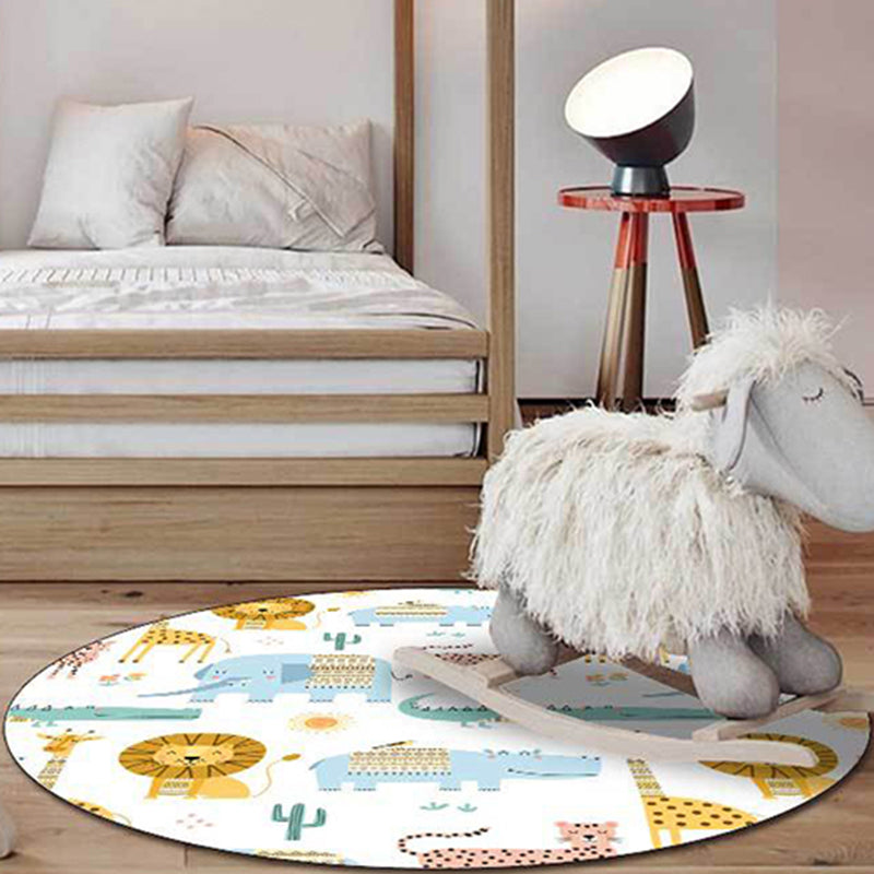 Kids Bedroom Rug in White Animal Lion Elephant Crocodile Print Rug Polyester Machine Washable Area Rug White Clearhalo 'Area Rug' 'Rug' 1598209
