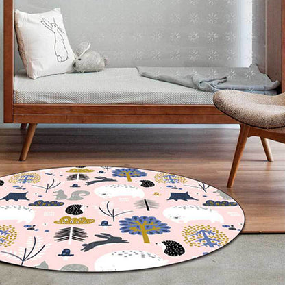 Kids Bedroom Rug in Pink Animal Rabbit Hedgehog Bear Print Rug Polyester Anti-Slip Washable Area Rug Pink Clearhalo 'Area Rug' 'Rug' 1598217