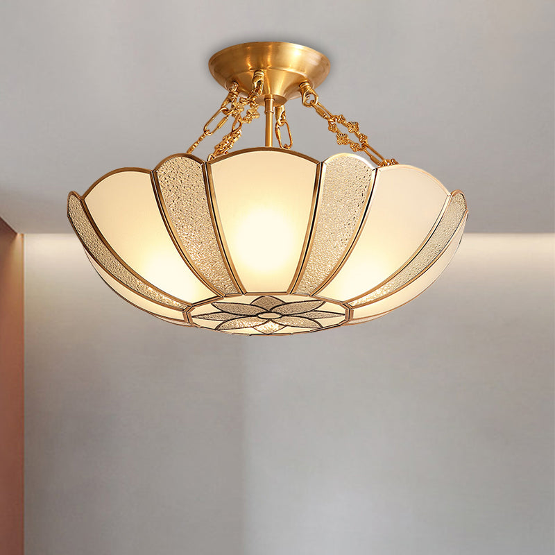 4-Head Scalloped Semi Flush Traditional Brass Opal Glass Ceiling Light Fixture with Flower Pattern and Chain Brass Clearhalo 'Ceiling Lights' 'Close To Ceiling Lights' 'Close to ceiling' 'Glass shade' 'Glass' 'Semi-flushmount' Lighting' 1598289