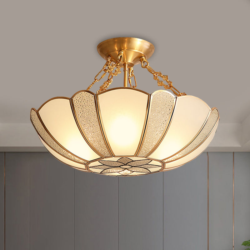 4-Head Scalloped Semi Flush Traditional Brass Opal Glass Ceiling Light Fixture with Flower Pattern and Chain Clearhalo 'Ceiling Lights' 'Close To Ceiling Lights' 'Close to ceiling' 'Glass shade' 'Glass' 'Semi-flushmount' Lighting' 1598290