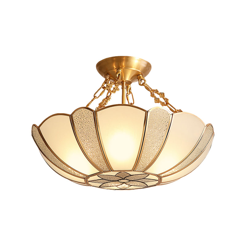 4-Head Scalloped Semi Flush Traditional Brass Opal Glass Ceiling Light Fixture with Flower Pattern and Chain Clearhalo 'Ceiling Lights' 'Close To Ceiling Lights' 'Close to ceiling' 'Glass shade' 'Glass' 'Semi-flushmount' Lighting' 1598291