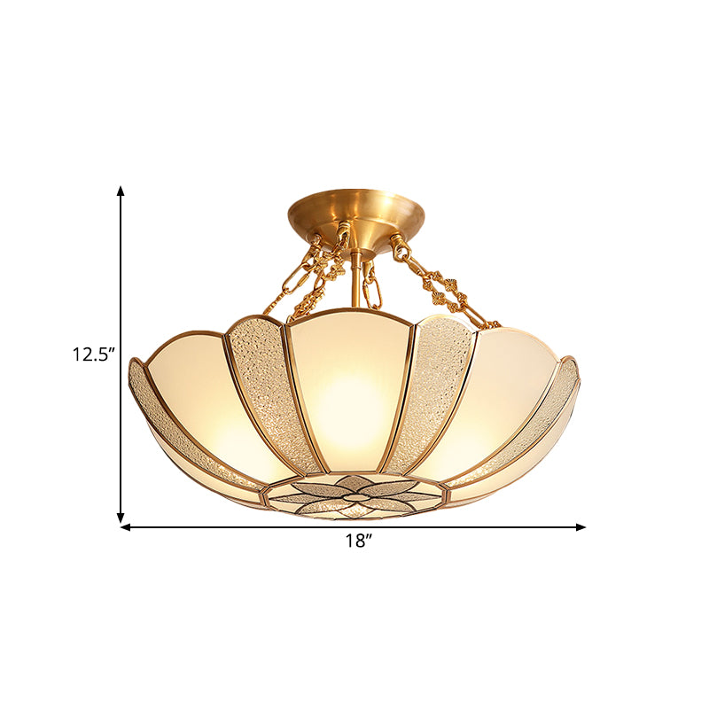 4-Head Scalloped Semi Flush Traditional Brass Opal Glass Ceiling Light Fixture with Flower Pattern and Chain Clearhalo 'Ceiling Lights' 'Close To Ceiling Lights' 'Close to ceiling' 'Glass shade' 'Glass' 'Semi-flushmount' Lighting' 1598292