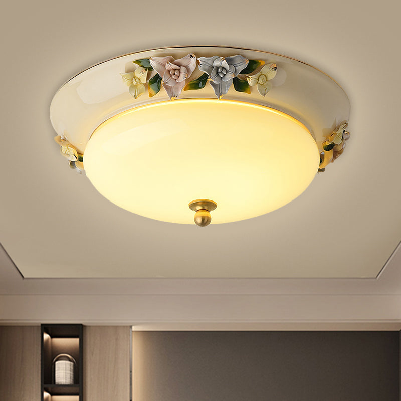 12"/14" Wide LED Ceiling Fixture Retro Style Bowl Shape Milky Glass Flush Mount with Blossom Decor in Beige, Warm/White Light Beige Clearhalo 'Ceiling Lights' 'Close To Ceiling Lights' 'Close to ceiling' 'Flush mount' Lighting' 1598293