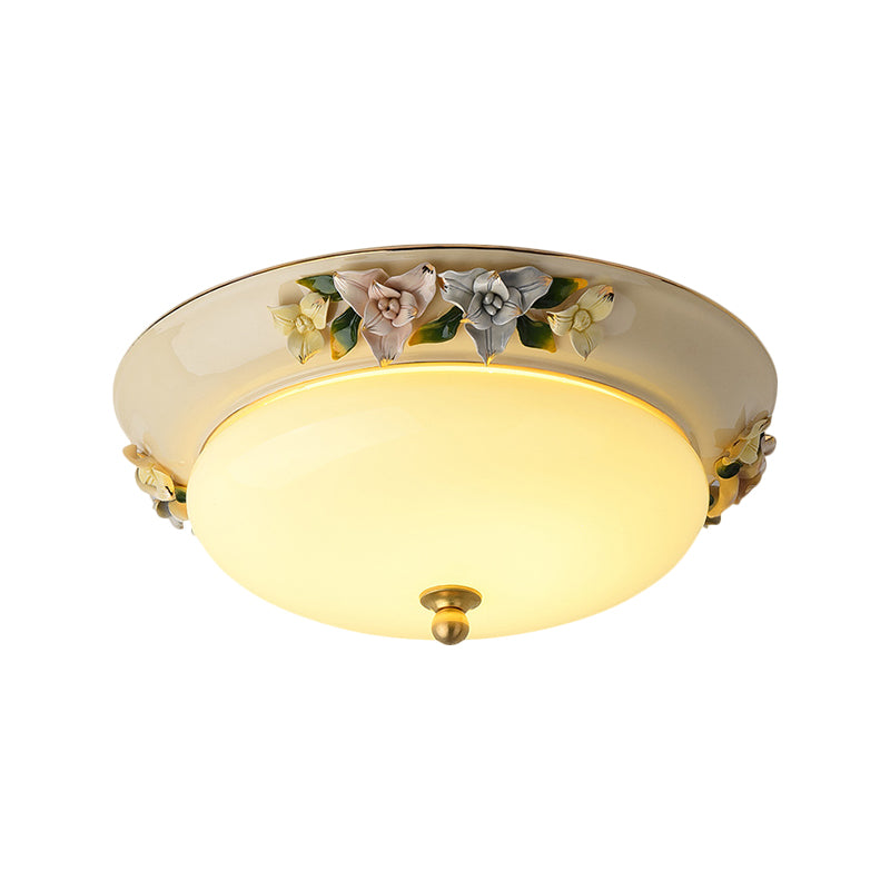 12"/14" Wide LED Ceiling Fixture Retro Style Bowl Shape Milky Glass Flush Mount with Blossom Decor in Beige, Warm/White Light Clearhalo 'Ceiling Lights' 'Close To Ceiling Lights' 'Close to ceiling' 'Flush mount' Lighting' 1598295