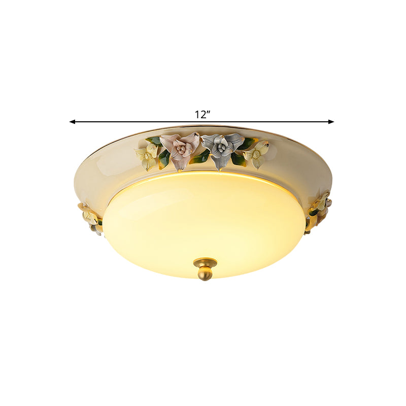 12"/14" Wide LED Ceiling Fixture Retro Style Bowl Shape Milky Glass Flush Mount with Blossom Decor in Beige, Warm/White Light Clearhalo 'Ceiling Lights' 'Close To Ceiling Lights' 'Close to ceiling' 'Flush mount' Lighting' 1598296