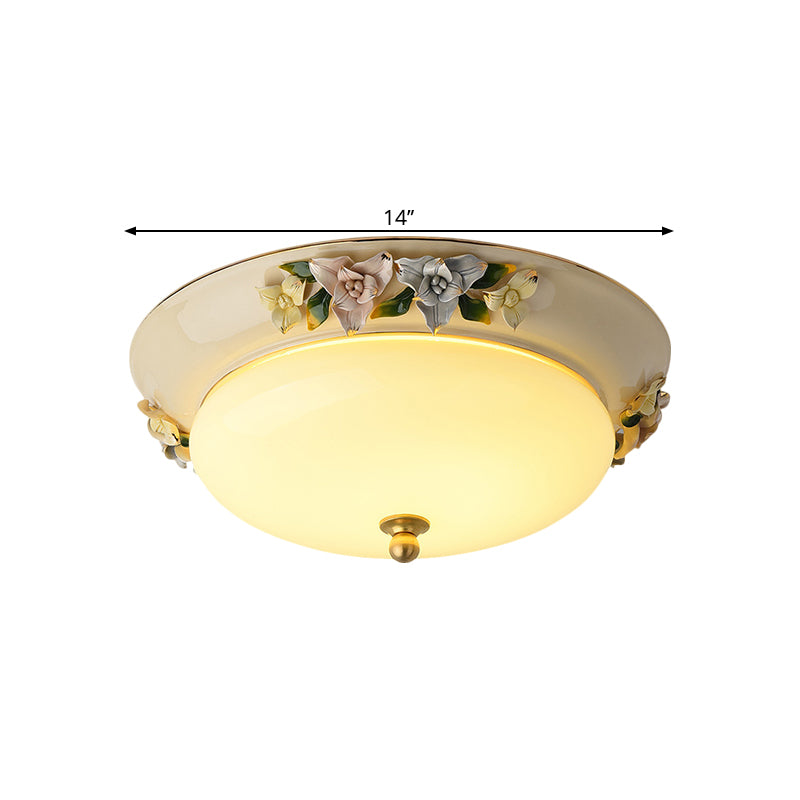 12"/14" Wide LED Ceiling Fixture Retro Style Bowl Shape Milky Glass Flush Mount with Blossom Decor in Beige, Warm/White Light Clearhalo 'Ceiling Lights' 'Close To Ceiling Lights' 'Close to ceiling' 'Flush mount' Lighting' 1598297