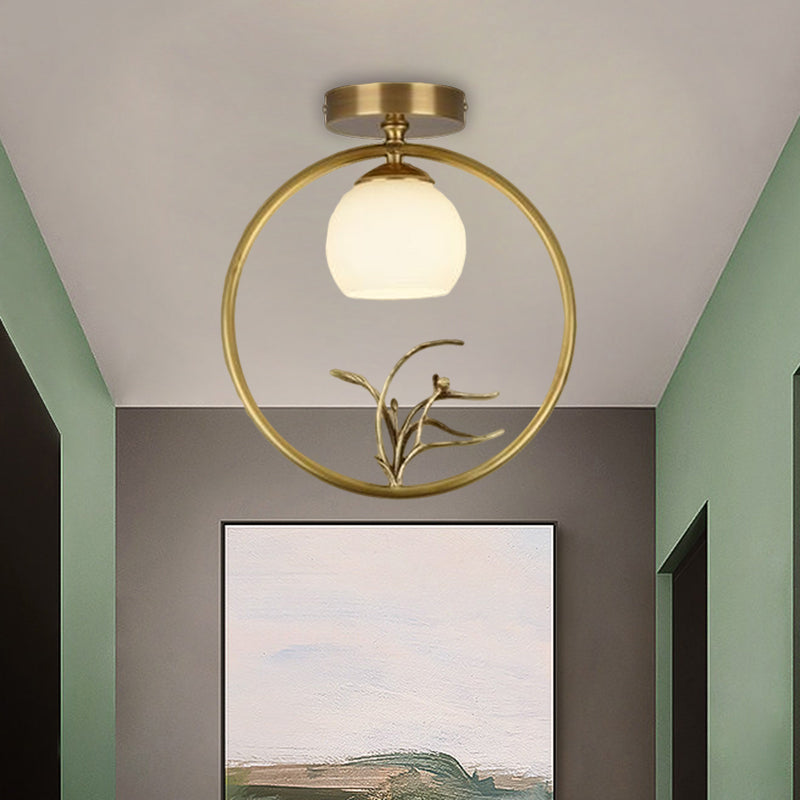 Opal Glass Brass Ceiling Lamp Inverted Bud 1 Bulb Rural Style Ring Flush Mount Light with Peacock Decor
