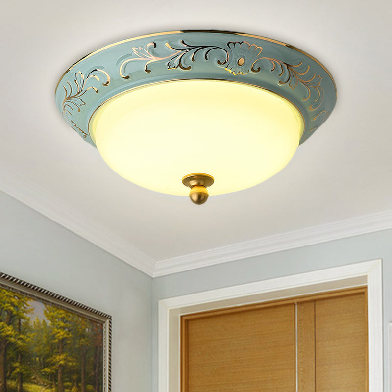 12"/14" W Blue LED Flush Mount Lodge Style Frosted Glass Bowl Shape Ceiling Lighting in Warm/White Light Blue 12" Clearhalo 'Ceiling Lights' 'Close To Ceiling Lights' 'Close to ceiling' 'Flush mount' Lighting' 1598328