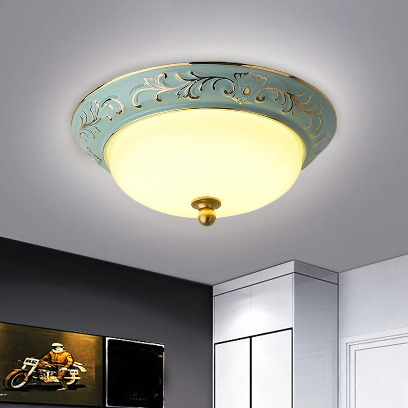 12"/14" W Blue LED Flush Mount Lodge Style Frosted Glass Bowl Shape Ceiling Lighting in Warm/White Light Clearhalo 'Ceiling Lights' 'Close To Ceiling Lights' 'Close to ceiling' 'Flush mount' Lighting' 1598329
