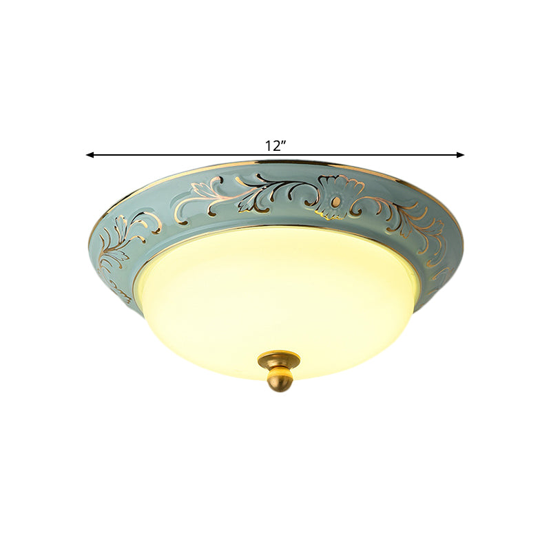 12"/14" W Blue LED Flush Mount Lodge Style Frosted Glass Bowl Shape Ceiling Lighting in Warm/White Light Clearhalo 'Ceiling Lights' 'Close To Ceiling Lights' 'Close to ceiling' 'Flush mount' Lighting' 1598331