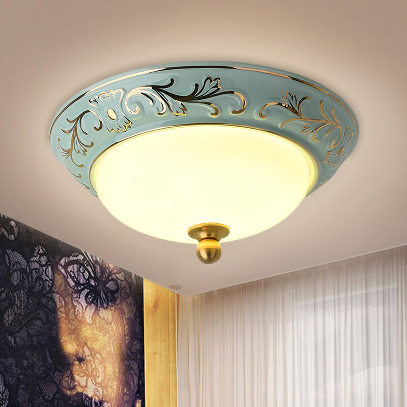 12"/14" W Blue LED Flush Mount Lodge Style Frosted Glass Bowl Shape Ceiling Lighting in Warm/White Light Blue 14" Clearhalo 'Ceiling Lights' 'Close To Ceiling Lights' 'Close to ceiling' 'Flush mount' Lighting' 1598332